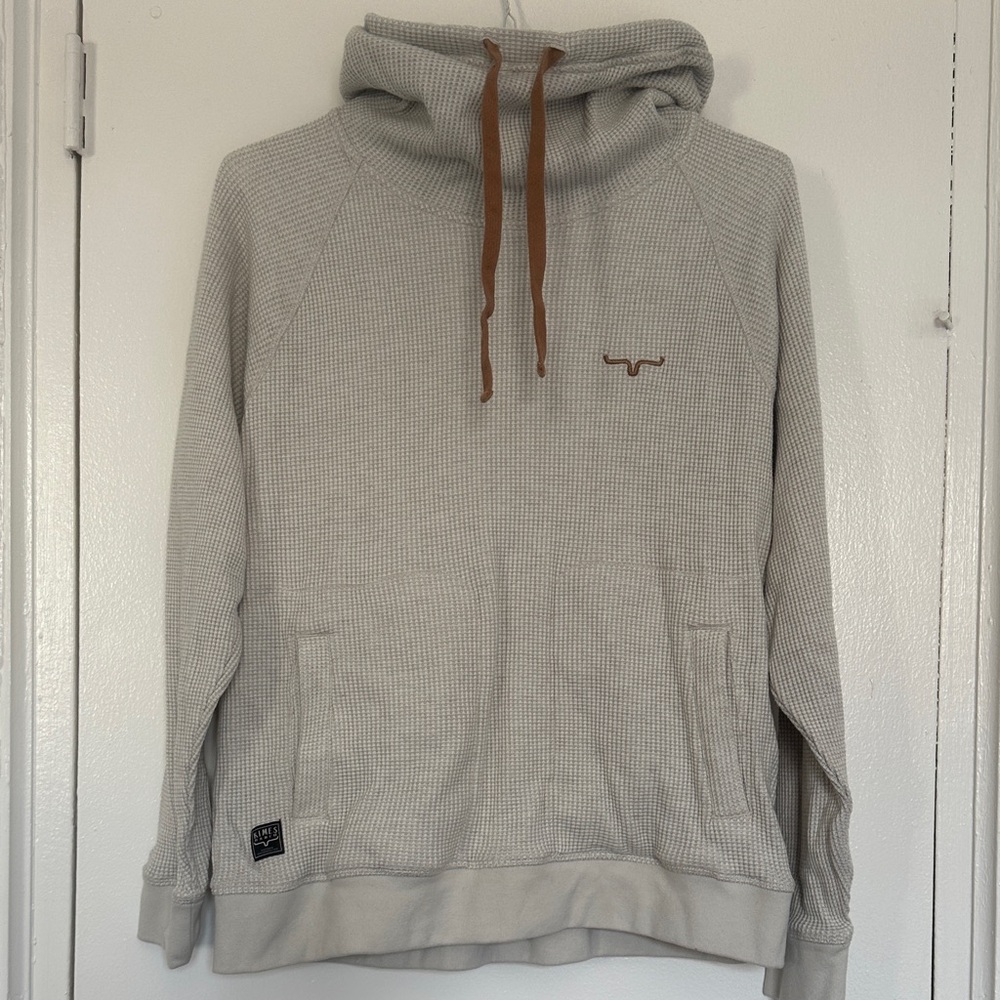 Kimes Ranch Cream Waffle-Knit Funnel Neck Hoodie with Brown Drawstrings